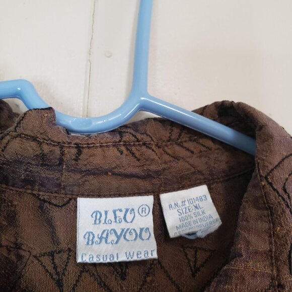 Vtg Bleu Bayou Women XL Blouse 100% Silk Brown Abstract Embroidered Beads Casual - Picture 5 of 5